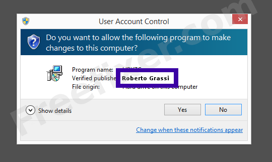 Screenshot where Roberto Grassi appears as the verified publisher in the UAC dialog